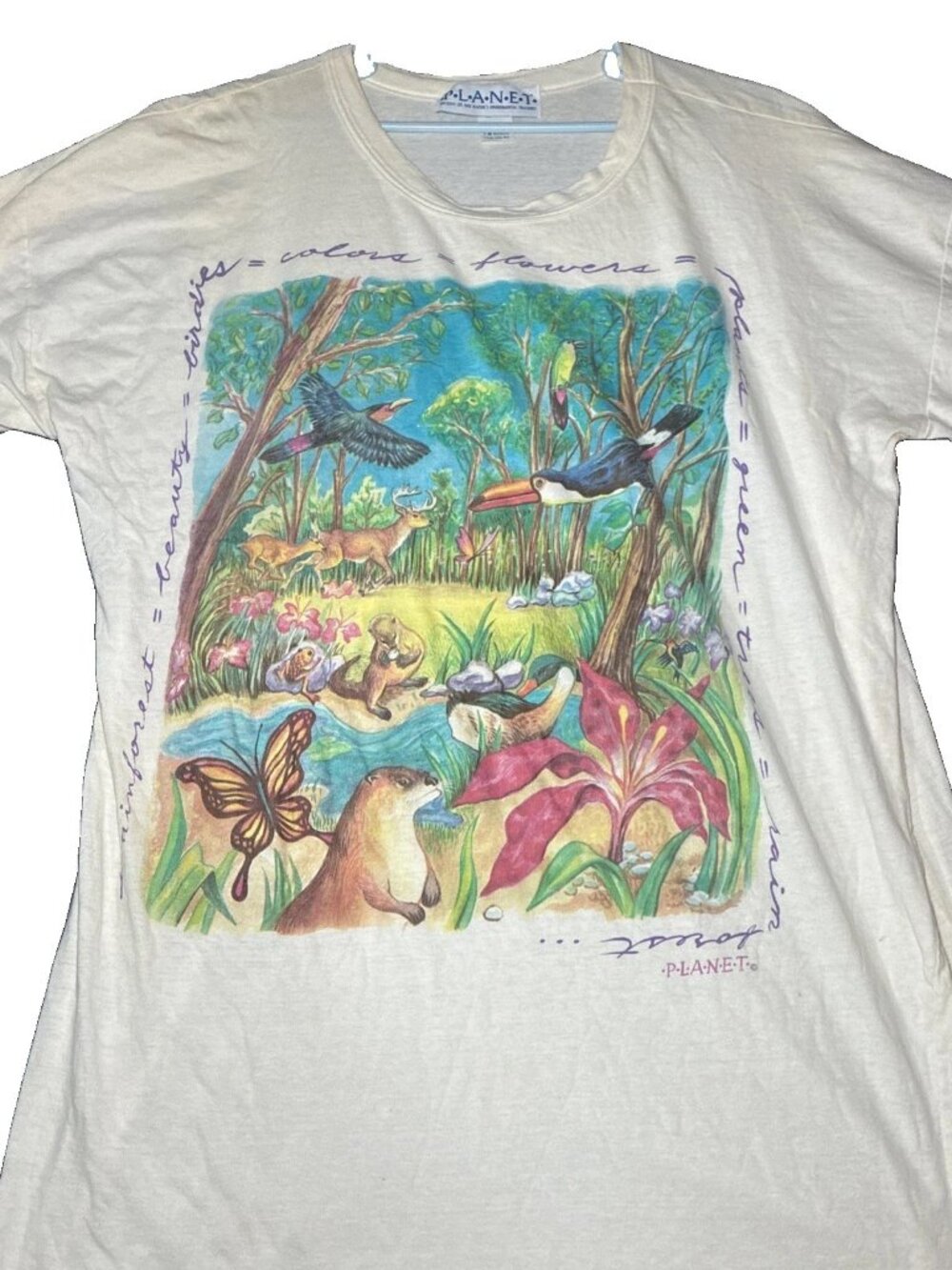 Vtg 80s XL Single Stitch Paper Thin T Shirt Planet Animal Tropical Made In USA